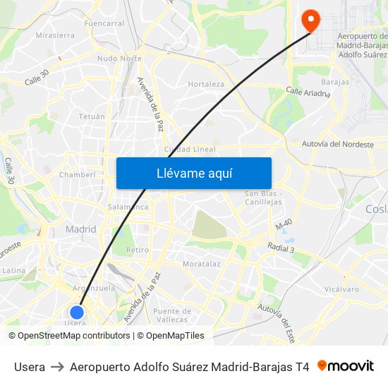 Usera to Aeropuerto Adolfo Suárez Madrid-Barajas T4 map