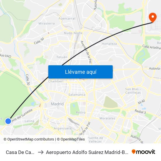 Casa De Campo to Aeropuerto Adolfo Suárez Madrid-Barajas T4 map