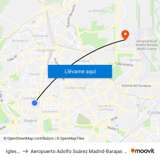 Iglesia to Aeropuerto Adolfo Suárez Madrid-Barajas T4 map