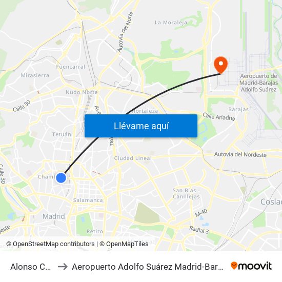 Alonso Cano to Aeropuerto Adolfo Suárez Madrid-Barajas T4 map