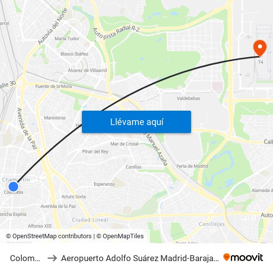 Colombia to Aeropuerto Adolfo Suárez Madrid-Barajas T4 map