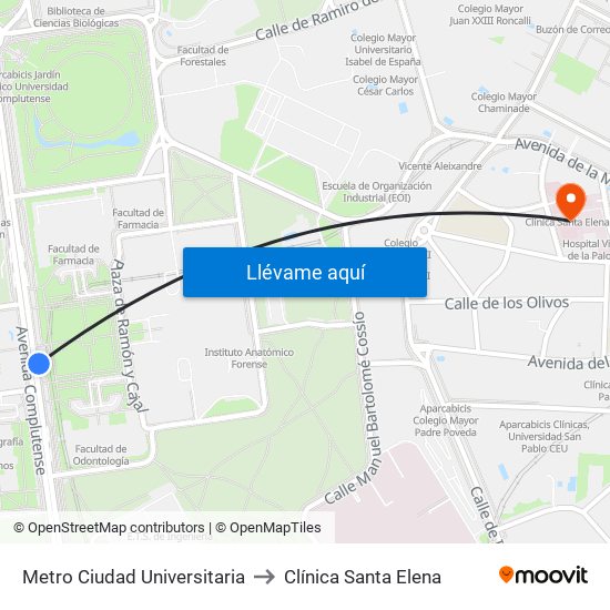 Metro Ciudad Universitaria to Clínica Santa Elena map