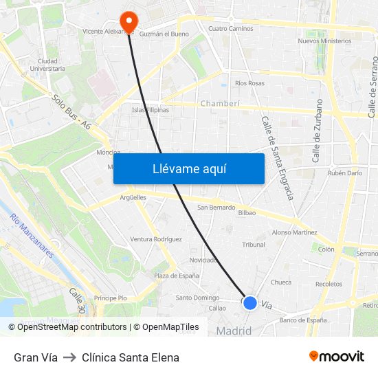 Gran Vía to Clínica Santa Elena map
