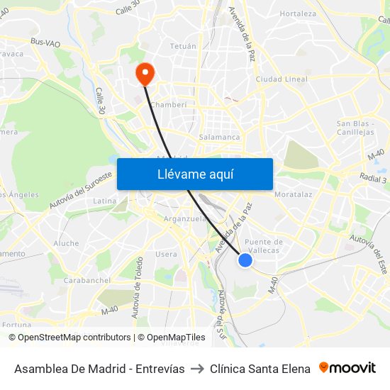 Asamblea De Madrid - Entrevías to Clínica Santa Elena map