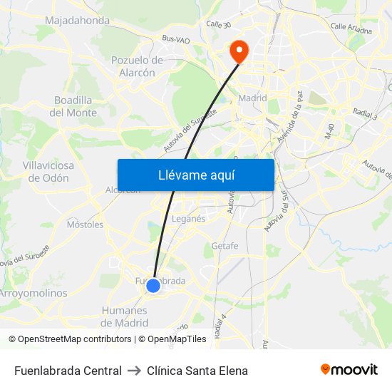 Fuenlabrada Central to Clínica Santa Elena map