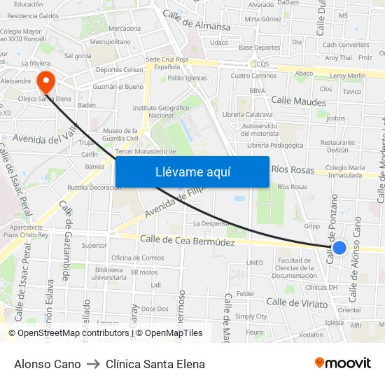 Alonso Cano to Clínica Santa Elena map