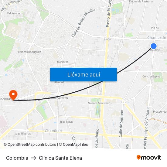 Colombia to Clínica Santa Elena map