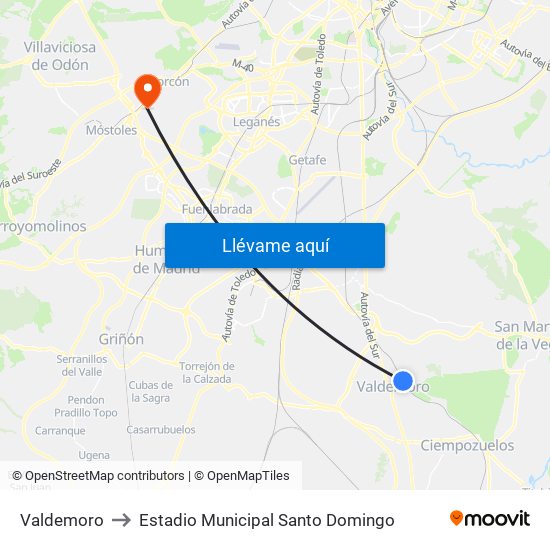 Valdemoro to Estadio Municipal Santo Domingo map