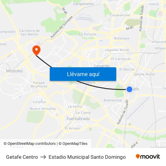 Getafe Centro to Estadio Municipal Santo Domingo map