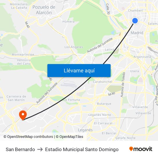 San Bernardo to Estadio Municipal Santo Domingo map