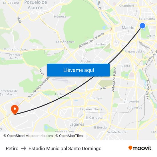 Retiro to Estadio Municipal Santo Domingo map