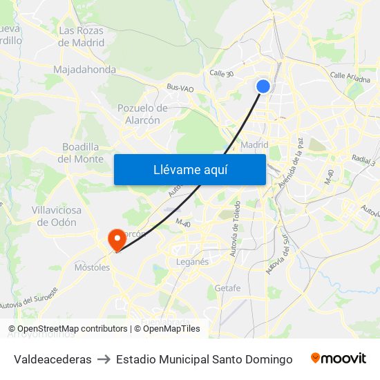 Valdeacederas to Estadio Municipal Santo Domingo map