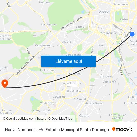 Nueva Numancia to Estadio Municipal Santo Domingo map