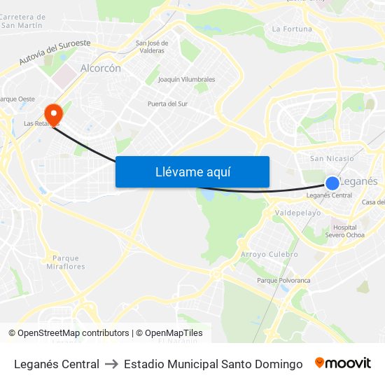 Leganés Central to Estadio Municipal Santo Domingo map