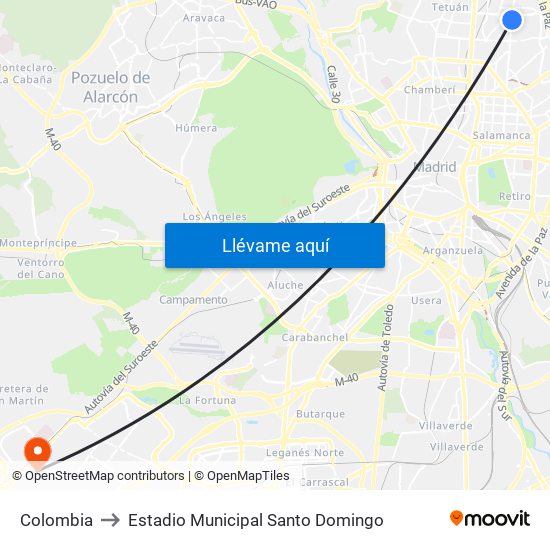 Colombia to Estadio Municipal Santo Domingo map