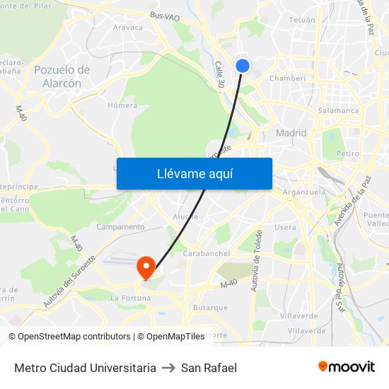 Metro Ciudad Universitaria to San Rafael map