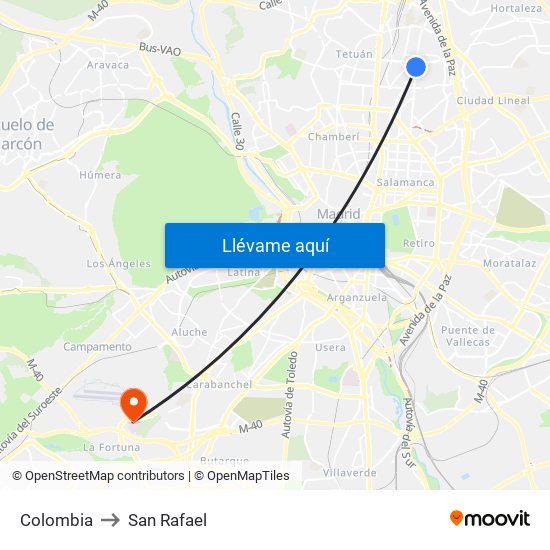 Colombia to San Rafael map