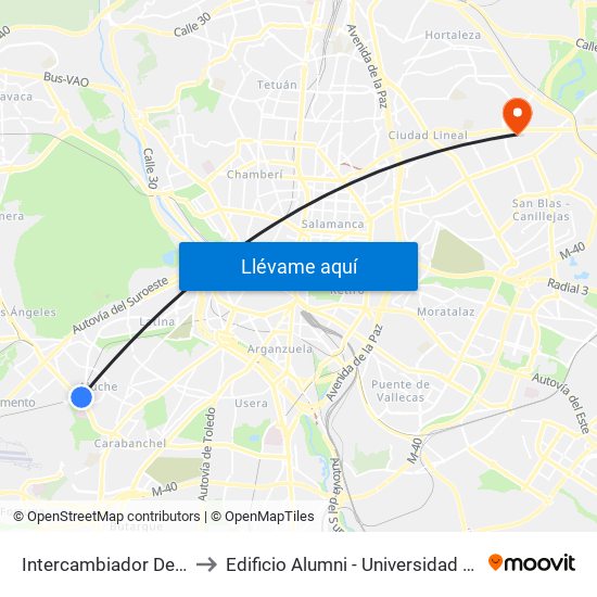 Intercambiador De Aluche to Edificio Alumni - Universidad De Navarra map