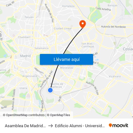 Asamblea De Madrid - Entrevías to Edificio Alumni - Universidad De Navarra map