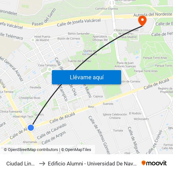 Ciudad Lineal to Edificio Alumni - Universidad De Navarra map