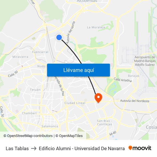 Las Tablas to Edificio Alumni - Universidad De Navarra map