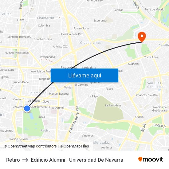Retiro to Edificio Alumni - Universidad De Navarra map