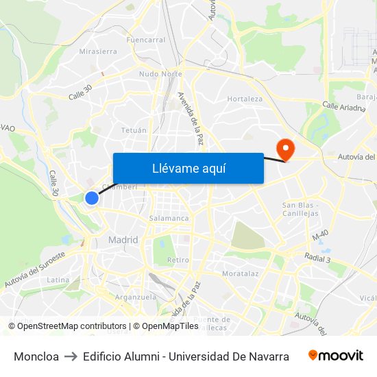 Moncloa to Edificio Alumni - Universidad De Navarra map