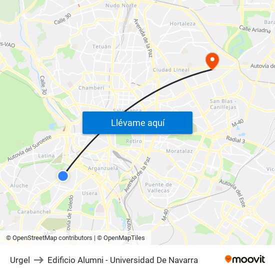 Urgel to Edificio Alumni - Universidad De Navarra map