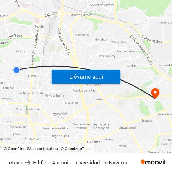 Tetuán to Edificio Alumni - Universidad De Navarra map