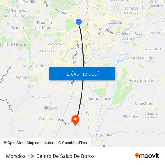 Moncloa to Centro De Salud De Borox map