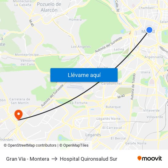 Gran Vía - Montera to Hospital Quironsalud Sur map