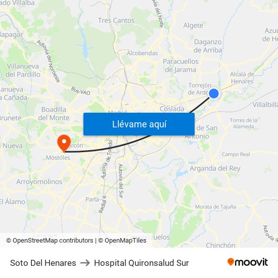 Soto Del Henares to Hospital Quironsalud Sur map