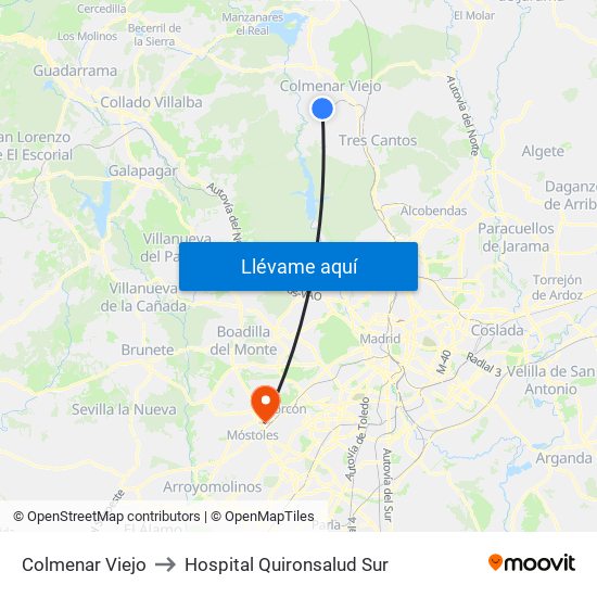 Colmenar Viejo to Hospital Quironsalud Sur map