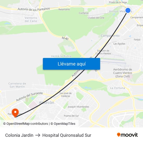 Colonia Jardín to Hospital Quironsalud Sur map