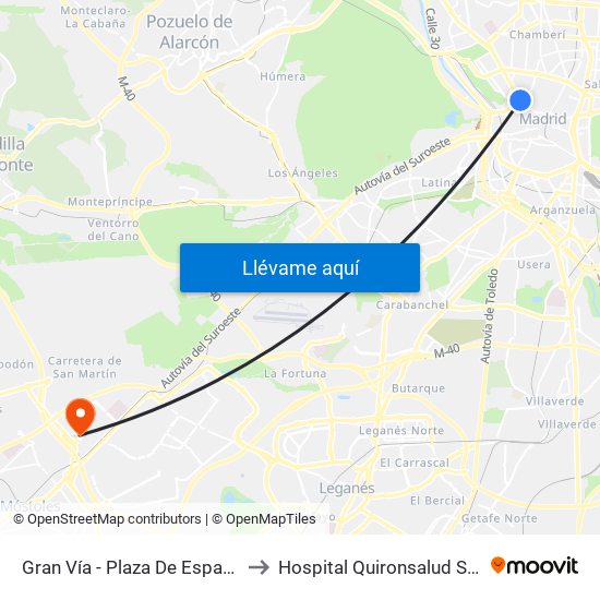 Gran Vía - Plaza De España to Hospital Quironsalud Sur map