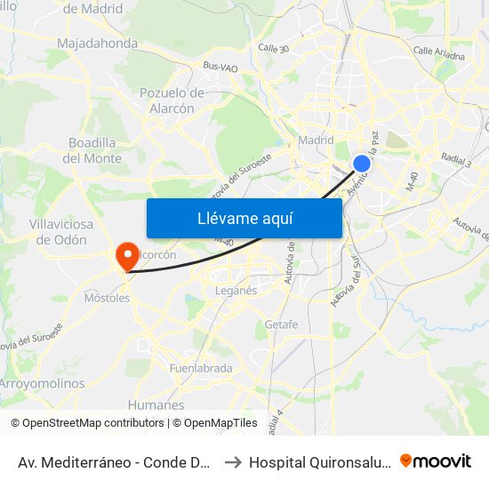 Av. Mediterráneo - Conde De Casal to Hospital Quironsalud Sur map