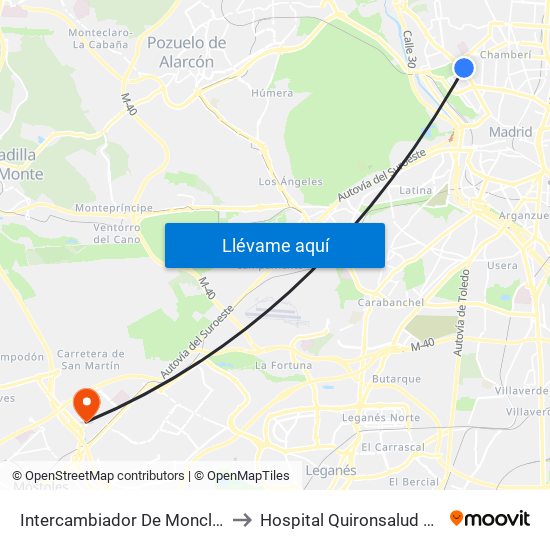 Intercambiador De Moncloa to Hospital Quironsalud Sur map