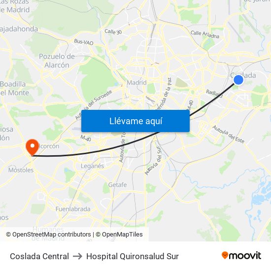 Coslada Central to Hospital Quironsalud Sur map