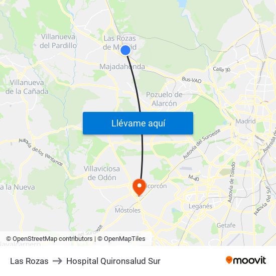 Las Rozas to Hospital Quironsalud Sur map