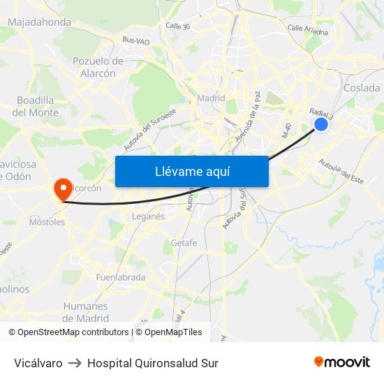 Vicálvaro to Hospital Quironsalud Sur map