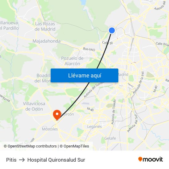 Pitis to Hospital Quironsalud Sur map
