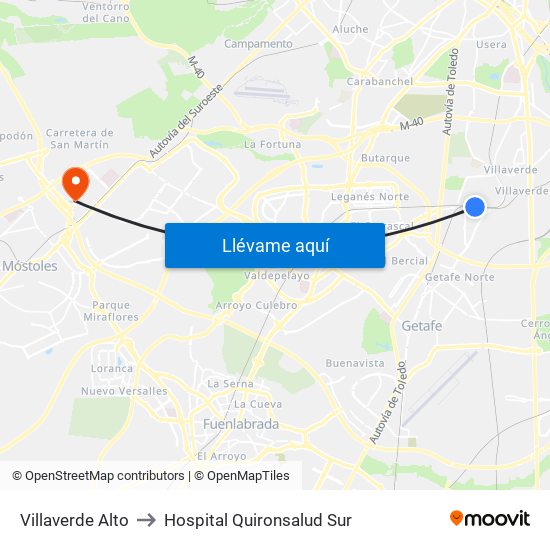 Villaverde Alto to Hospital Quironsalud Sur map