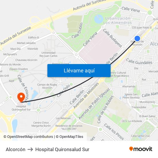 Alcorcón to Hospital Quironsalud Sur map