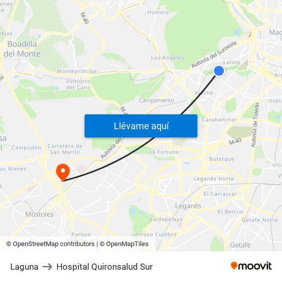 Laguna to Hospital Quironsalud Sur map