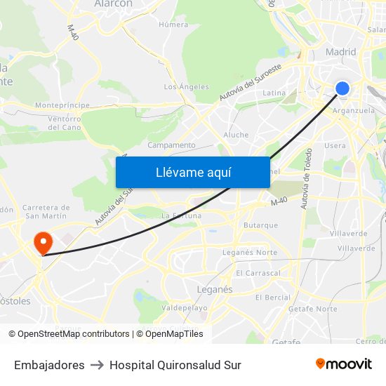 Embajadores to Hospital Quironsalud Sur map