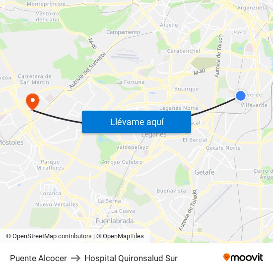 Puente Alcocer to Hospital Quironsalud Sur map