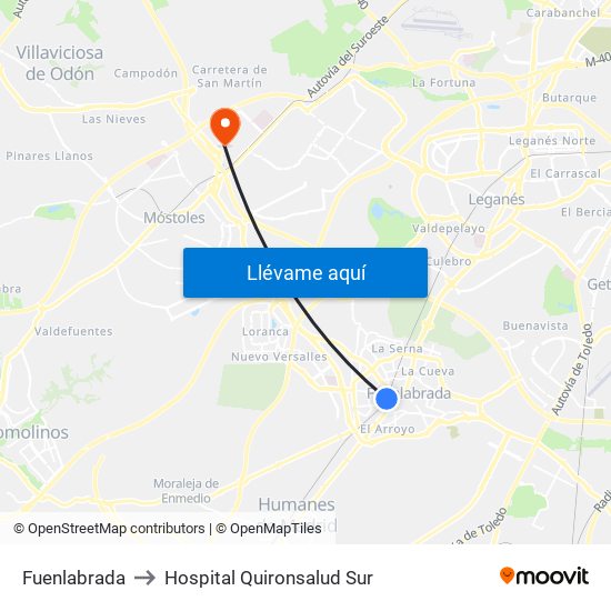 Fuenlabrada to Hospital Quironsalud Sur map