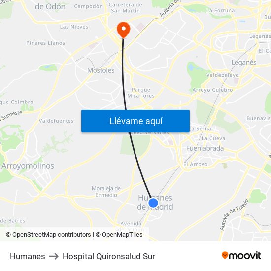 Humanes to Hospital Quironsalud Sur map