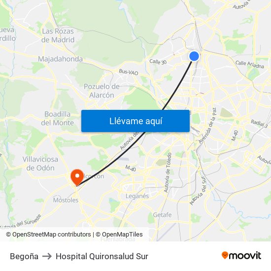 Begoña to Hospital Quironsalud Sur map