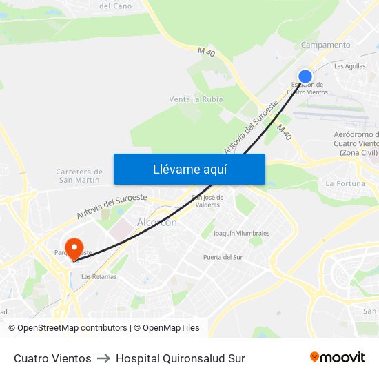 Cuatro Vientos to Hospital Quironsalud Sur map